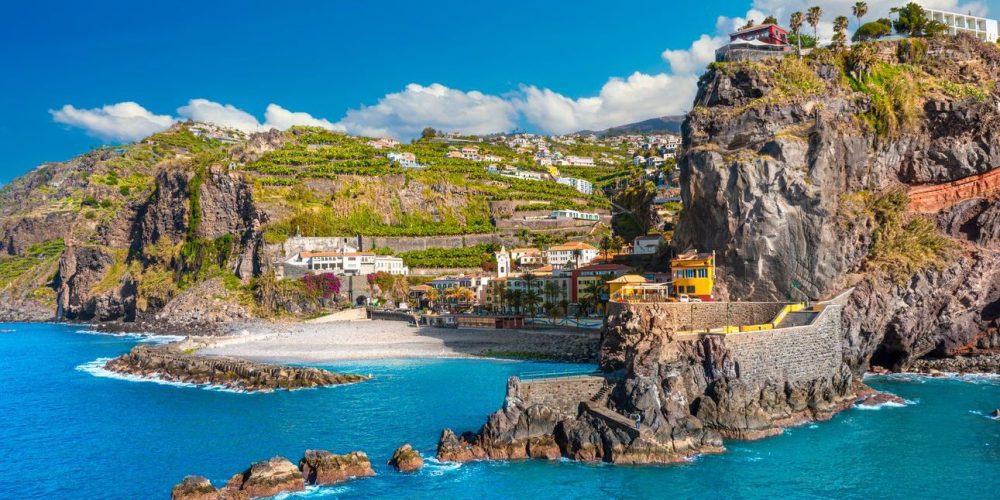 Aerial view of Madeira island. Land meets ocean in Ponta do Sol, Madeira, Portugal
